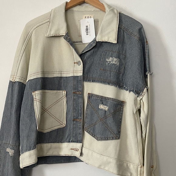POL Ivory Multi Pinstripe Oversized Distressed Patchwork Jacket small NWT - Picture 3 of 7
